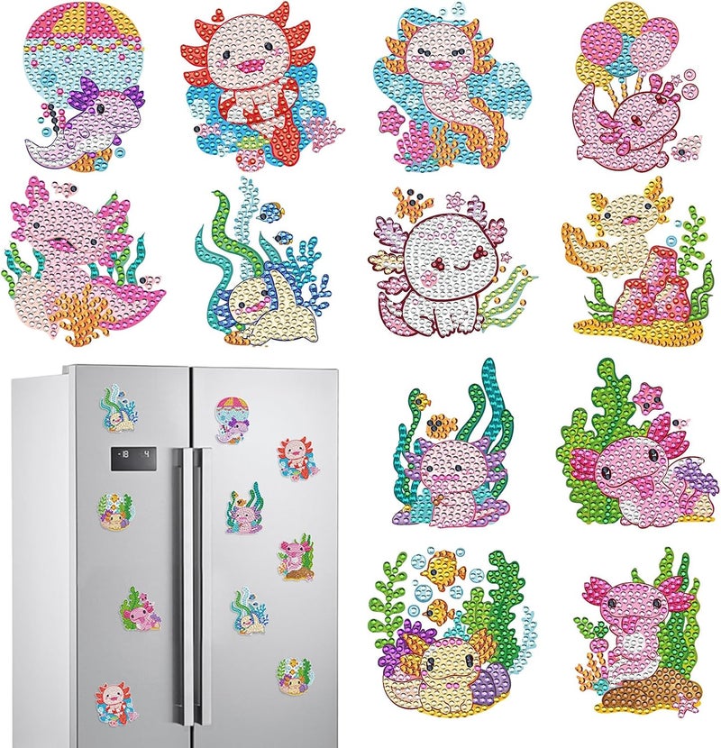 INCOK Axolotl Diamond Painting Magnets Refrigerator - 12 PCS DIY Salamander Diamond Art Magnet Kit Gem Art Pink Fridge Stickers Set for Adults Beginners Home Aesthetic Cute Animal Decor - Image 1