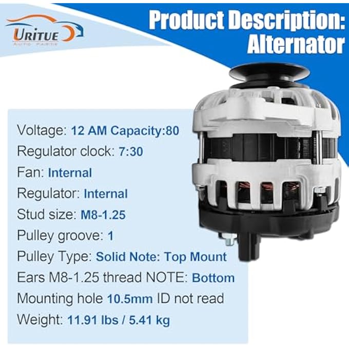 Uritue F000BL0118 New 12V 80A Alternator Compatible with 2008 TT-4 to TT8 YANMAR 4TNV98 DIESEL Replace 129908-77200,129908-77210 - Image 5