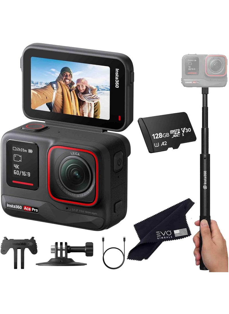 Insta360 Insta360 Ace Pro Basic Bundle Waterproof Action Camera CoEngineered with Leica Flagship 113 Sensor 8K24 4K120fps 48MP 24 Flip ScreenBundle Includes Invisible Selfie Stick 128GB Card  - Image 1