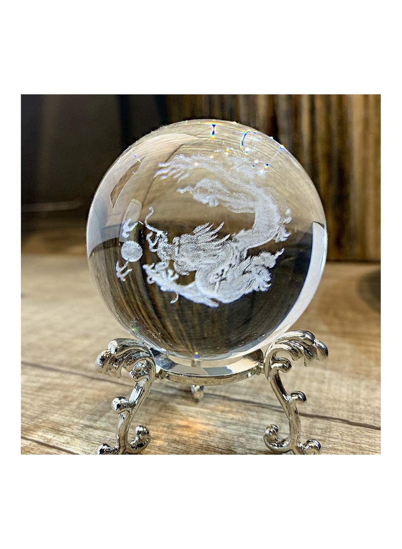 KASTWAVE Crystal Ball Dragon, Decorative Balls, Crystal 2.4 inch (60mm) Chinese Dragon Crystal Ball with Sliver-Plated Flowering Stand, Fengshui Glass Loong Ball Home Decoration - Image 3