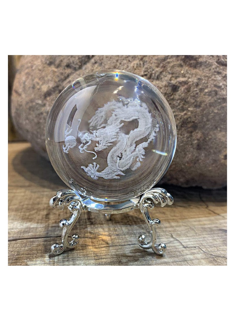 KASTWAVE Crystal Ball Dragon, Decorative Balls, Crystal 2.4 inch (60mm) Chinese Dragon Crystal Ball with Sliver-Plated Flowering Stand, Fengshui Glass Loong Ball Home Decoration - Image 4