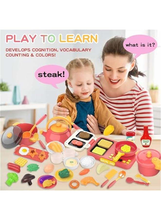 53PCS Kids Kitchen Accessories Set-Kids Kitchen Playset with Induction Cooktop,Toddler Pretend Cooking Playset with Play Pots Pans,Utensils Cookware,Foods,Educational Learning Gift for Boy Girl(Pink - Image 2