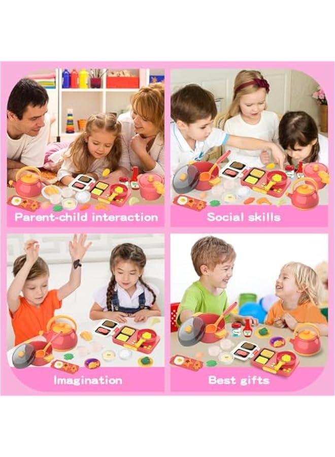 53PCS Kids Kitchen Accessories Set-Kids Kitchen Playset with Induction Cooktop,Toddler Pretend Cooking Playset with Play Pots Pans,Utensils Cookware,Foods,Educational Learning Gift for Boy Girl(Pink - Image 3