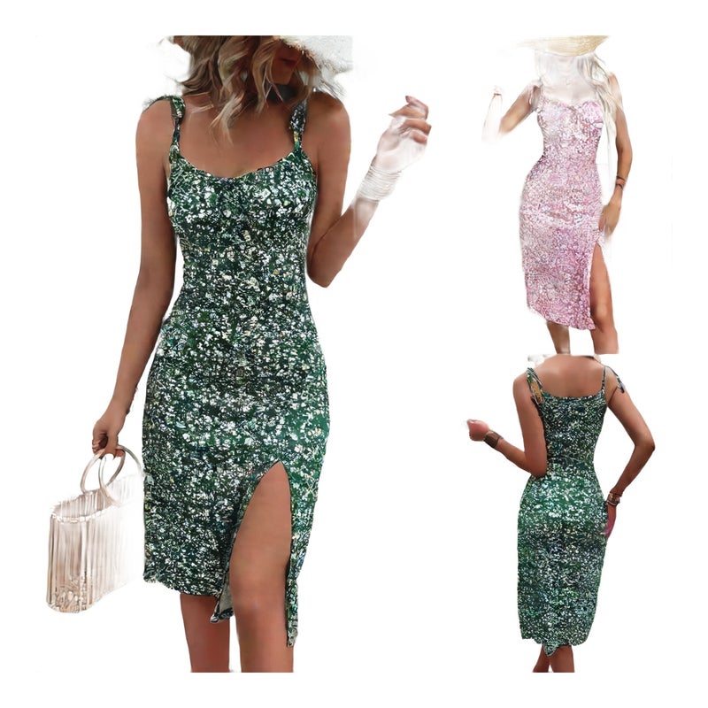 Sexy Sleeveless Floral Print Split Dress Summer Women's Bodycon Midi Dress - Image 1