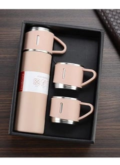 Thermos Set (Bottle and 2 Cups with the possibility of using the lid as a third cup) Made of double-layer stainless steel with a vacuum flask, travel and trip bottle, capacity 500 ml (Pink)