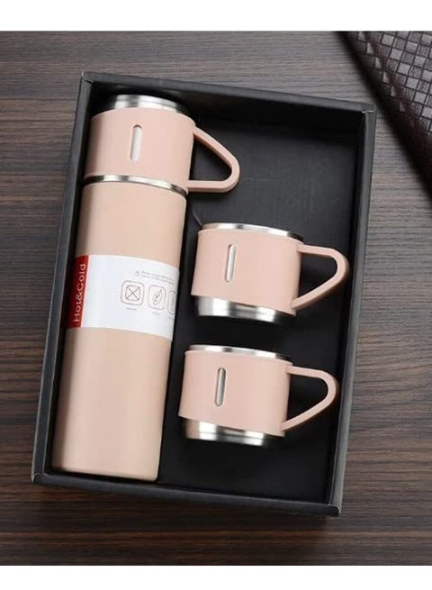 Thermos Set (Bottle and 2 Cups with the possibility of using the lid as a third cup) Made of double-layer stainless steel with a vacuum flask, travel and trip bottle, capacity 500 ml (Pink)