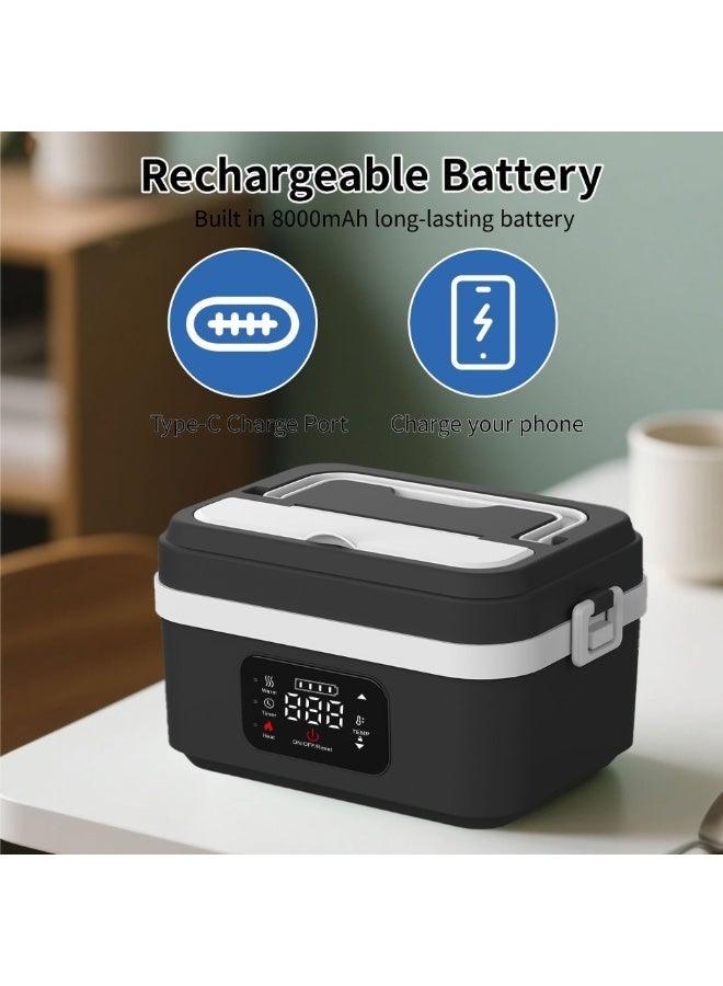 BlueFire Smart Lunch Box 1L Portable Rechargeable Electric Food Warmer, Wireless Self-Heating Bento with Timer, Phone Charging Function, 304 Stainless Steel Removable Inner Box, Rapid Heating Technology, 7.4V 60W, USB Input 5V/9V/12V 2A, For Office, Car, School, Travel, Picnic, Meal Prep - Image 3