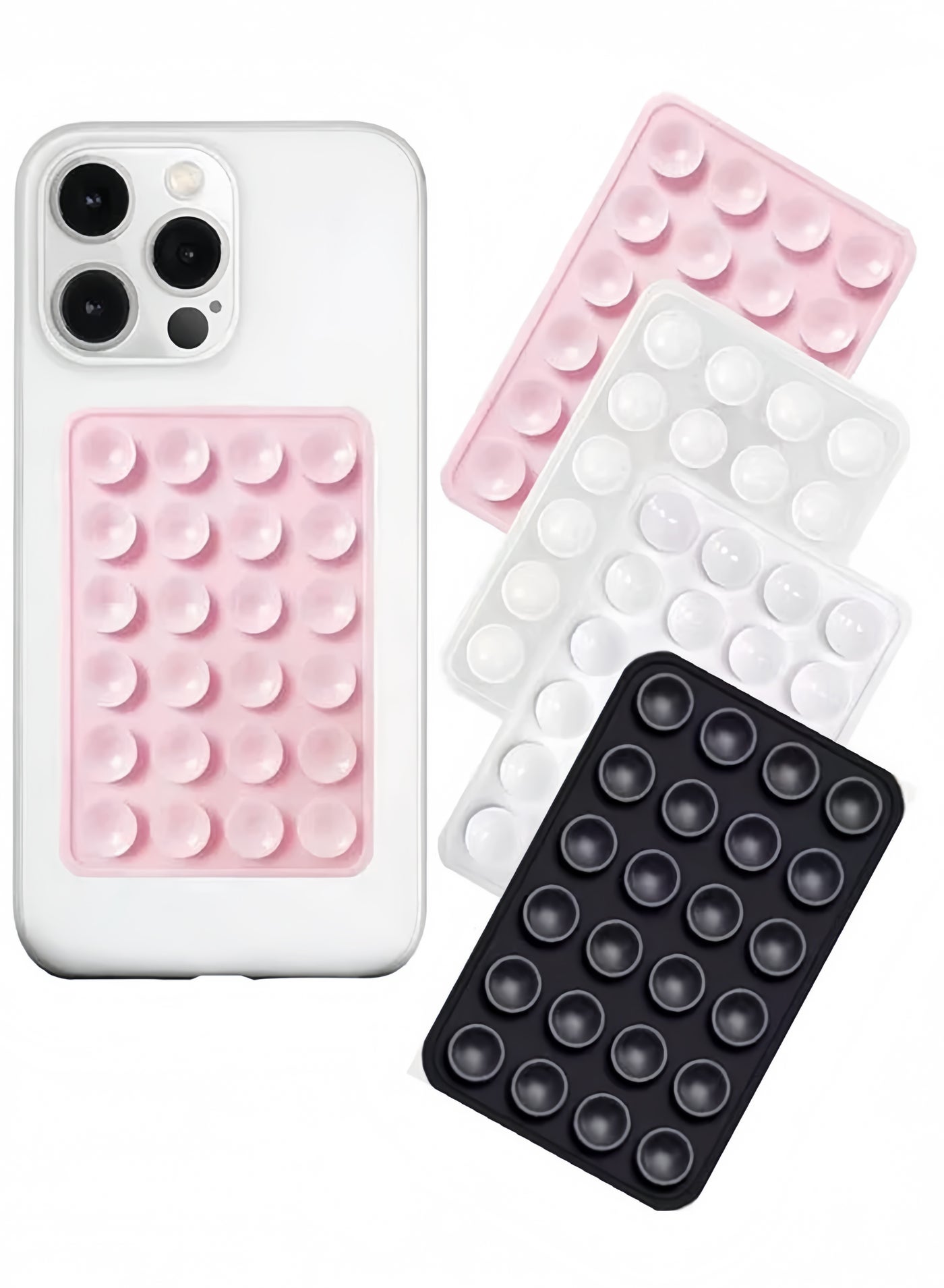 4-Piece Suction Phone Case Mount, Silicone Phone Suction Grip Compatible with iPhone and Android Cases, Anti-Slip Hands-Free Mobile Accessory Holder, Sticky Phone Grip for Tiktok Videos and Selfies(Pink, black, white, transparent)