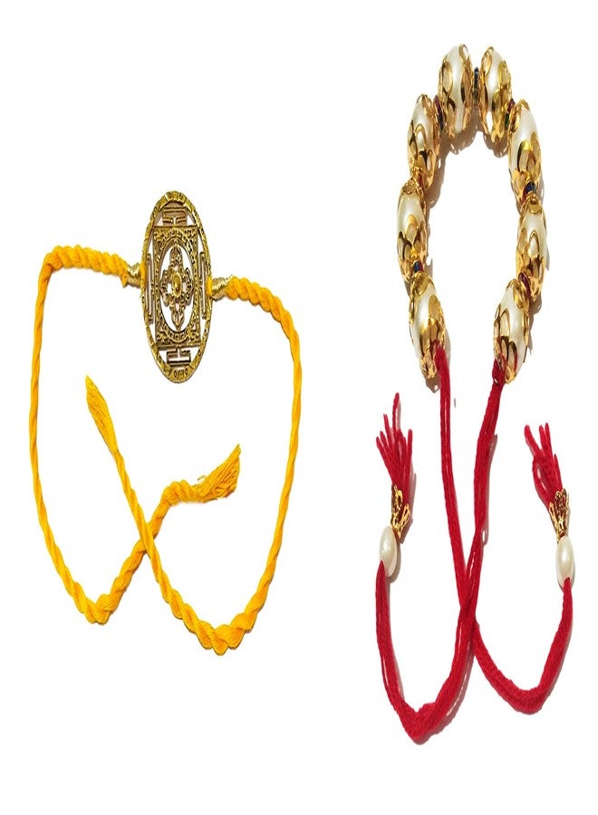 athizay Brass dial Bhaiya Rakhi with White Beads Bhabhi Rakhi Combo Set Brass dial for Brother and bhabhi Lumba Rakhi White Moti Beads Rakhis