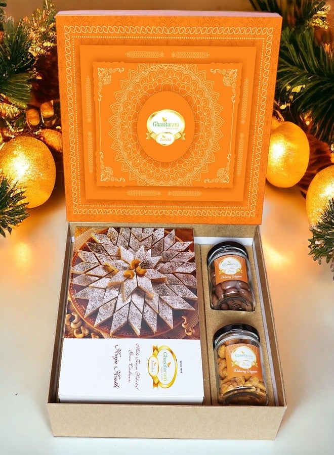Jaiccha Ghasitaram Gifts Jaiccha Ghasitaram Orange Hamper Box with Kaju Katli , Choco Almonds, and Crunchy Cashews | Gift Hamper| Diwali Gift Hamper|Food Hampers|Gourmet Hampers| - Image 1