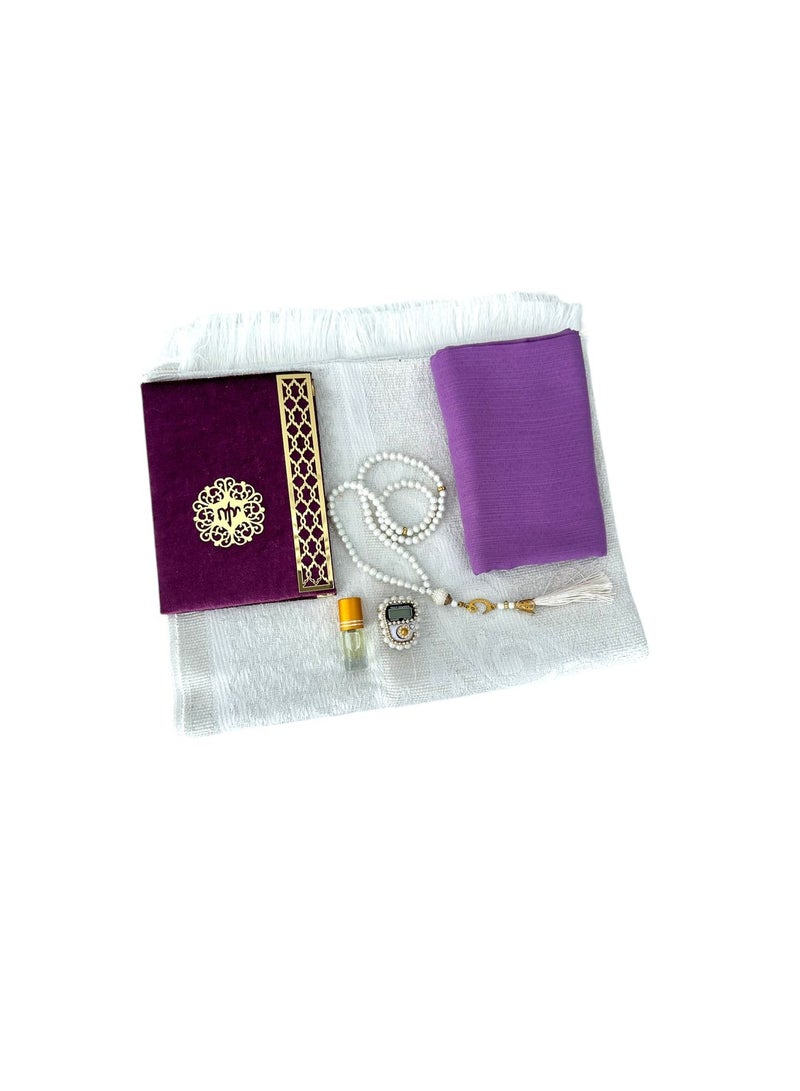 Sajadati Deluxe Muslim Prayer Gift Set – Holy Quran, Premium Salah Mat, Head Scarf, Tasbih Beads & Digital Counter, Oud Oil – Elegant Lavish Purple Islamic Gift for Ramadan, Eid & Special Occasions - Image 2