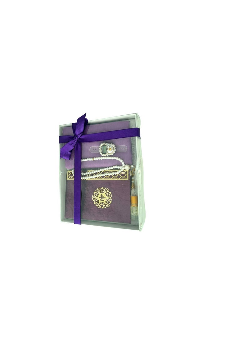 Sajadati Deluxe Muslim Prayer Gift Set – Holy Quran, Premium Salah Mat, Head Scarf, Tasbih Beads & Digital Counter, Oud Oil – Elegant Lavish Purple Islamic Gift for Ramadan, Eid & Special Occasions - Image 4