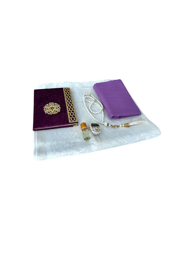 Sajadati Deluxe Muslim Prayer Gift Set – Holy Quran, Premium Salah Mat, Head Scarf, Tasbih Beads & Digital Counter, Oud Oil – Elegant Lavish Purple Islamic Gift for Ramadan, Eid & Special Occasions - Image 1