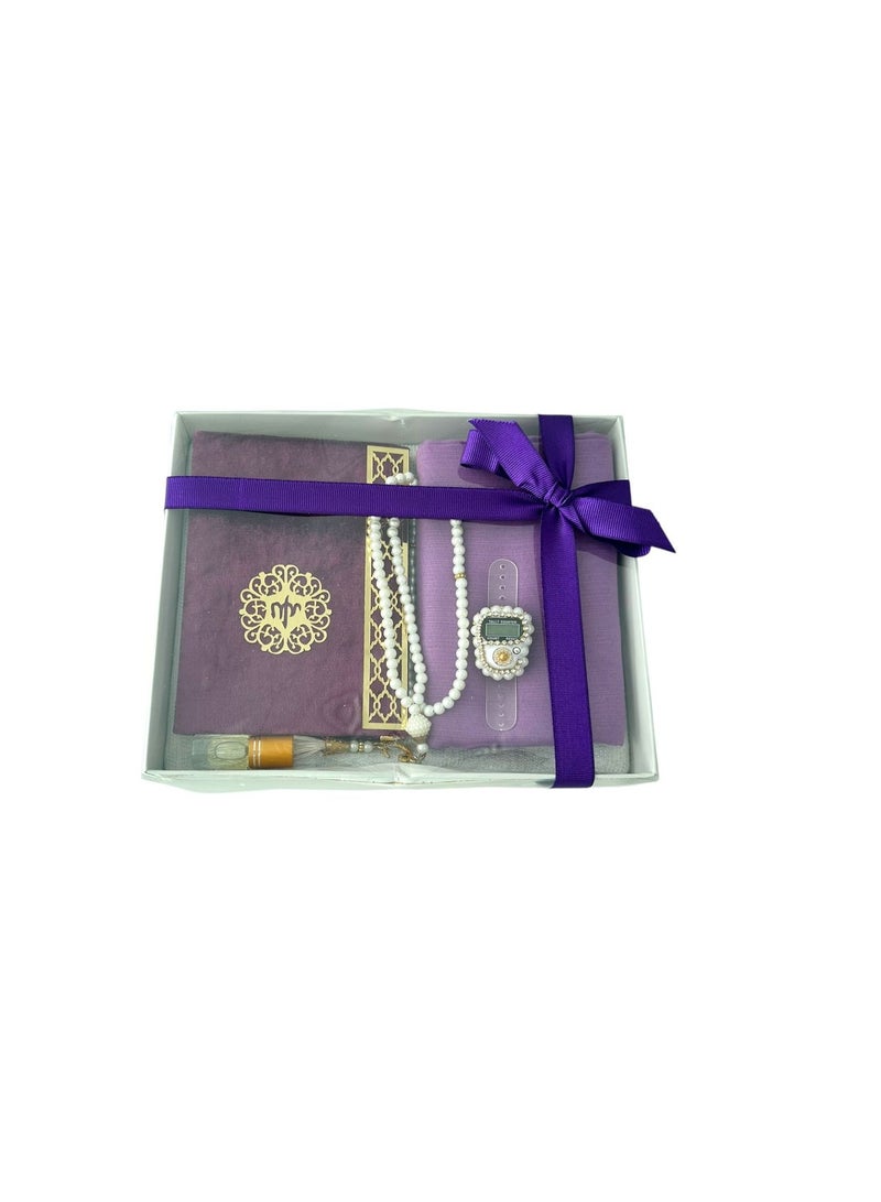 Sajadati Deluxe Muslim Prayer Gift Set – Holy Quran, Premium Salah Mat, Head Scarf, Tasbih Beads & Digital Counter, Oud Oil – Elegant Lavish Purple Islamic Gift for Ramadan, Eid & Special Occasions - Image 3