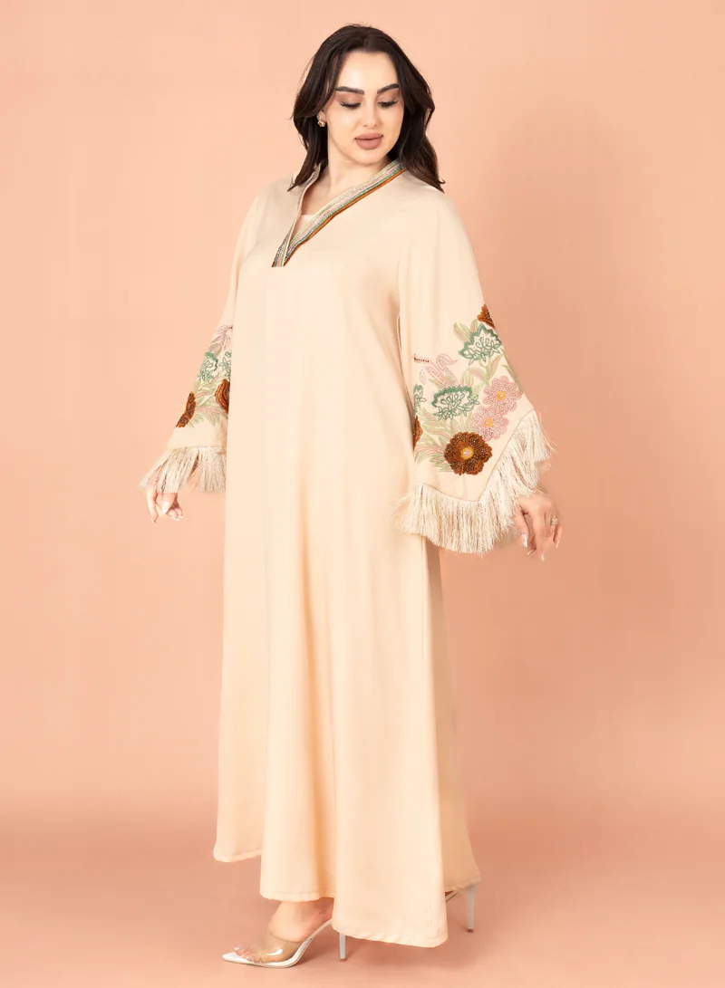 IKKXA Shimmer Detail Sleeves Embroidered Jalabiya IK3009 Beige