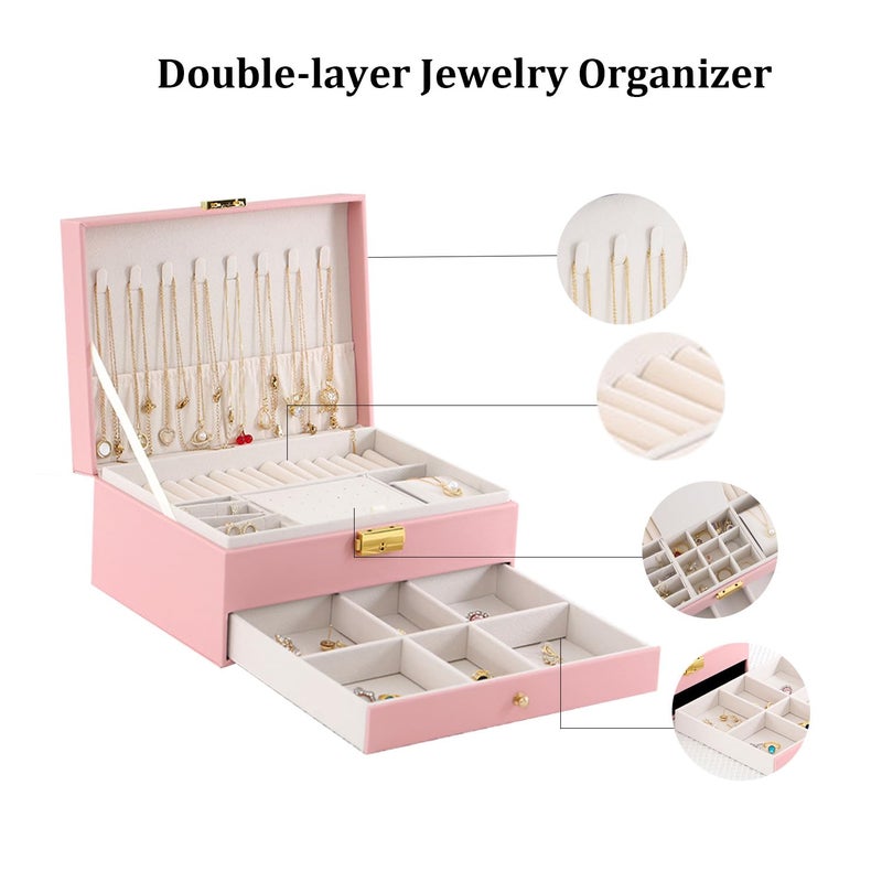 GUOER Jewelry Organizer Box for Women - Large PU Leather Jewelry Organizer Storage Case with Two Layers Display for Earrings Bracelets Rings Watches (Pink) - Image 2