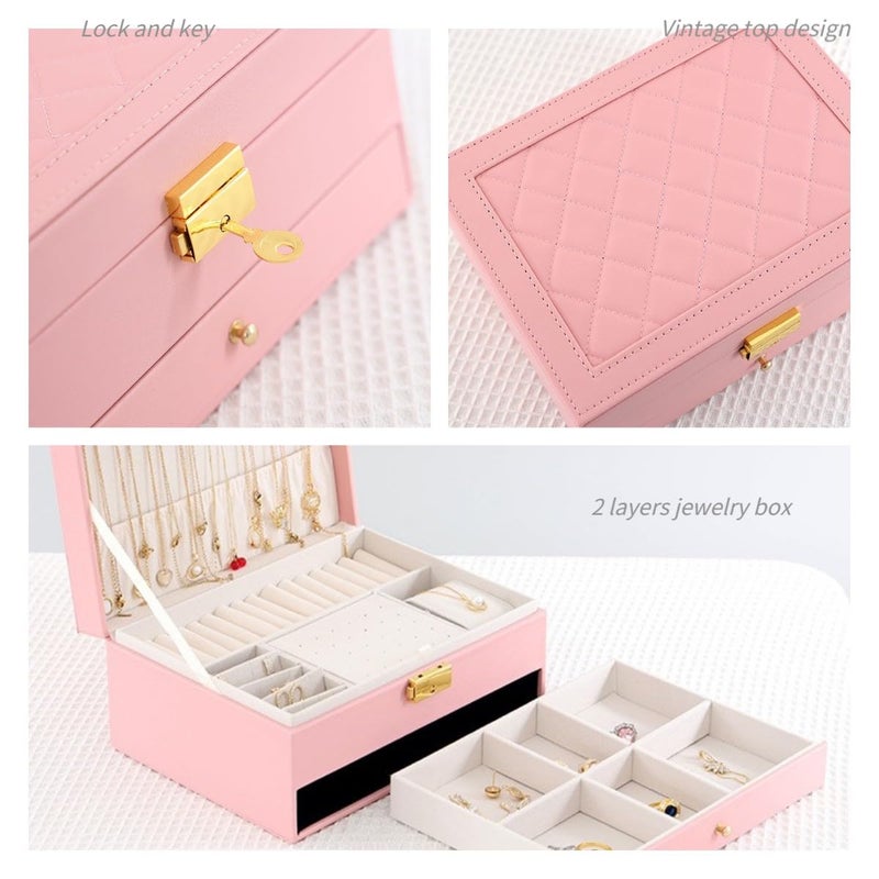 GUOER Jewelry Organizer Box for Women - Large PU Leather Jewelry Organizer Storage Case with Two Layers Display for Earrings Bracelets Rings Watches (Pink) - Image 4