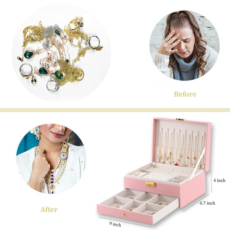 GUOER Jewelry Organizer Box for Women - Large PU Leather Jewelry Organizer Storage Case with Two Layers Display for Earrings Bracelets Rings Watches (Pink) - Image 3