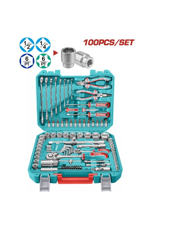 TOTAL TOTAL 100-Piece Tools Set with Ratchets, Sockets, Wrenches, Screwdrivers, Pliers, and More – Complete DIY & Automotive Repair Kit  - Image 1