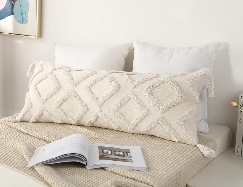 PANOD Decorative Long Lumbar Pillow Cover 14x36 Boho,Super Soft Chenille Extra Long Lumbar Pillow Case Cover with Tassel for Bed Sofa Couch Farmhouse Livingroom,White,Modern Skinny - Image 3