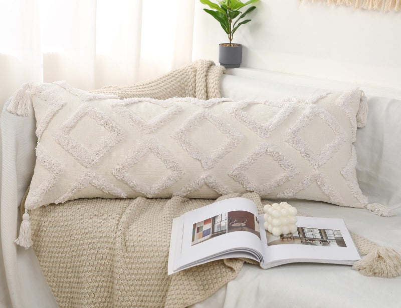 PANOD Decorative Long Lumbar Pillow Cover 14x36 Boho,Super Soft Chenille Extra Long Lumbar Pillow Case Cover with Tassel for Bed Sofa Couch Farmhouse Livingroom,White,Modern Skinny - Image 2