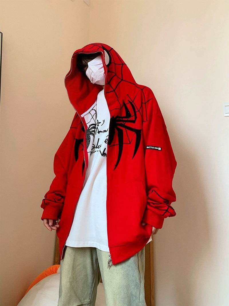 Autumn Winter Retro Hoodie Velvet Spider Design Zip-up Loose Coat Red thin print + embroidery 300g