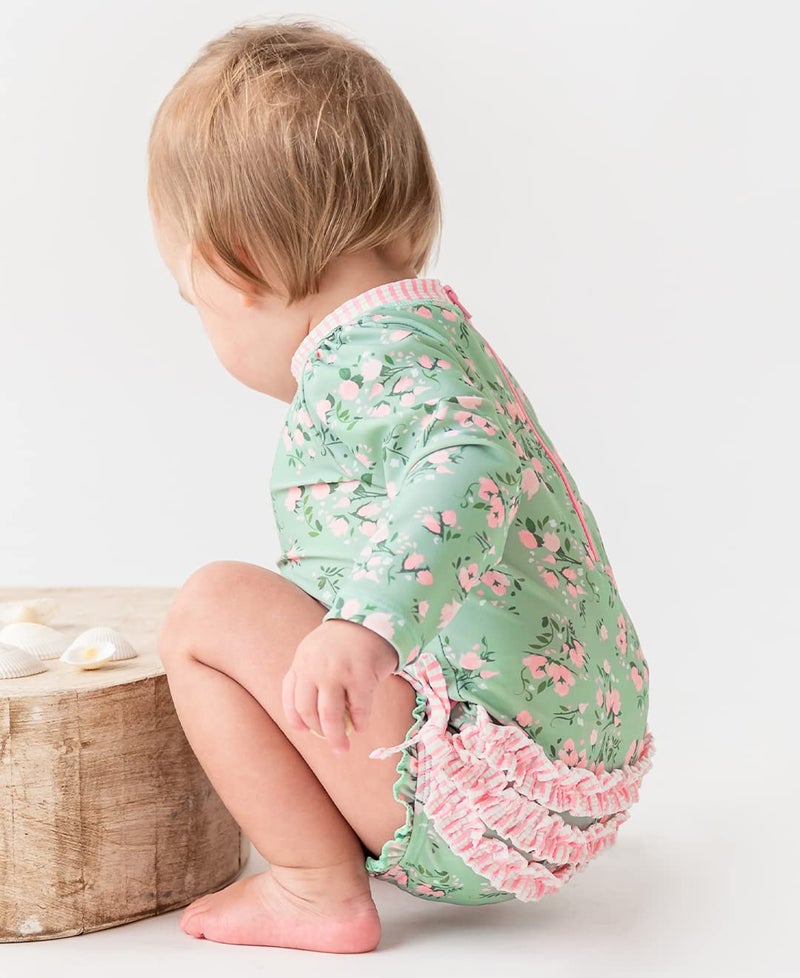 RuffleButts Baby Girls UPF 50+ Sun Protection Floral Printed Long Sleeve One Piece Rash Guard Swimsuit with Zipper - Tea Roses, 18-24m - Image 2