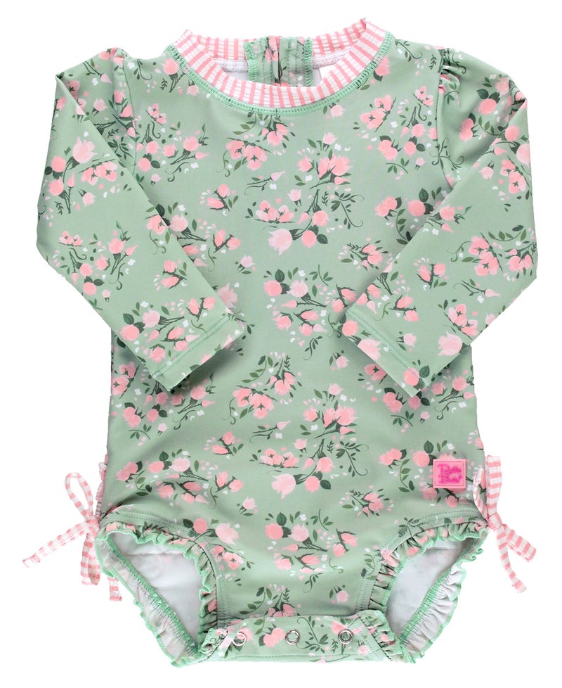 RuffleButts Baby Girls UPF 50+ Sun Protection Floral Printed Long Sleeve One Piece Rash Guard Swimsuit with Zipper - Tea Roses, 18-24m - Image 1