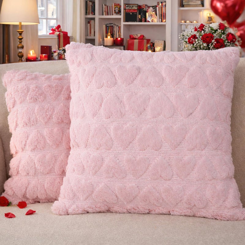 Hongsome Valentines Day Decor-Throw Pillow Covers 18x18in Set of 2,Pink Soft Plush Faux Fur Pillow Case with Heart for Large Couch Sofa Home Indoor Outdoor Holiday Decorations - Image 1