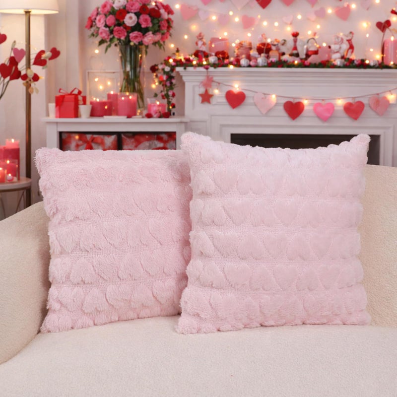 Hongsome Valentines Day Decor-Throw Pillow Covers 18x18in Set of 2,Pink Soft Plush Faux Fur Pillow Case with Heart for Large Couch Sofa Home Indoor Outdoor Holiday Decorations - Image 4