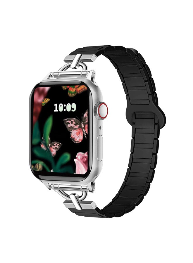مناسبة لساعة أبل لساعة ApplewatchS10 حزام سيليكون خصر صغير مغناطيسي بلونين للبنات 2025 جديد-اللون: 38/40/41/s10(42) أسود - Image 1