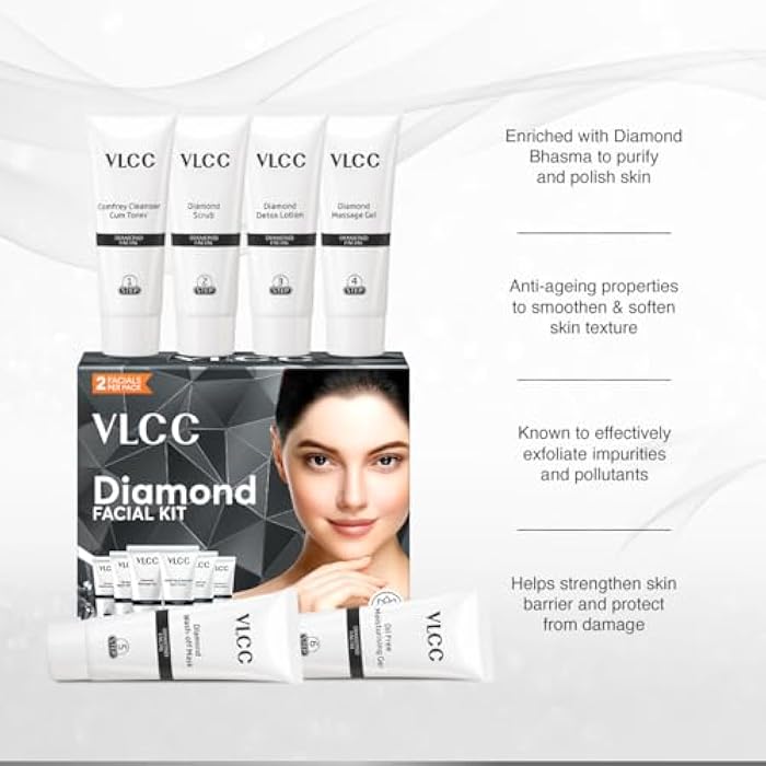 VLCC Diamond Facial Kit - Single Use | Salon Like Facial at Home in Just 6-Steps | Includes Cleanser, Scrub, Cream, Face Pack & Moisturizing Gels | 2.12 Oz/60g - Image 5
