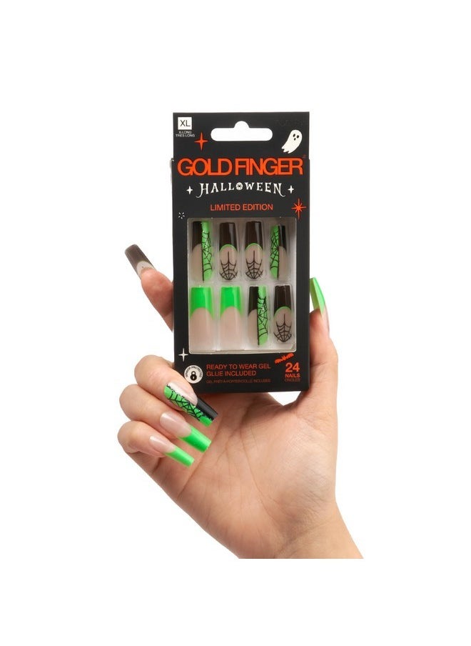 Goldfinger Gold Finger 24 Pcs Halloween False Nails, Press On Long Coffin Square Fake Nails, Glue On Spooky Witchy Ghost Spider Pumpkin Skull Web French Glossy Design Nails (Spidey Spidey)  - Image 3