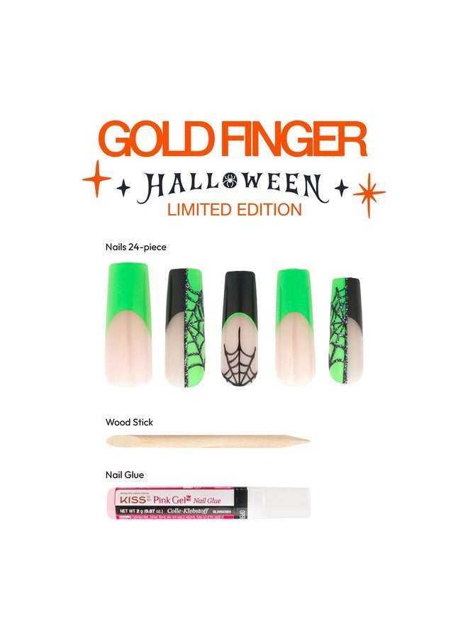 Goldfinger Gold Finger 24 Pcs Halloween False Nails, Press On Long Coffin Square Fake Nails, Glue On Spooky Witchy Ghost Spider Pumpkin Skull Web French Glossy Design Nails (Spidey Spidey)  - Image 2