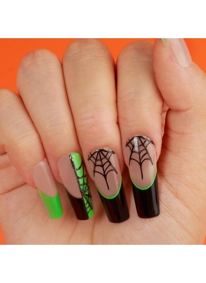 Goldfinger Gold Finger 24 Pcs Halloween False Nails, Press On Long Coffin Square Fake Nails, Glue On Spooky Witchy Ghost Spider Pumpkin Skull Web French Glossy Design Nails (Spidey Spidey)  - Image 1