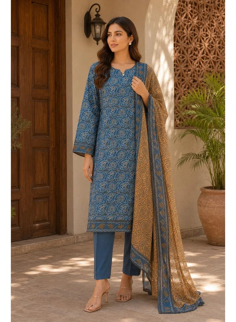 Women's 3-Piece Basic Blue Printed Suit with Dupatta - Chest 44