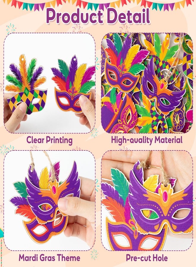 Haooryx Mardi Gras Masks Wooden Ornaments Decoration - 46Pcs Mardi Gras Carnival Themed Wood Craft Gift Tags Mardi Gras Hanging Ornament with Ropes for Mardi Gras New Orleans Party Decor Supplies - Image 3