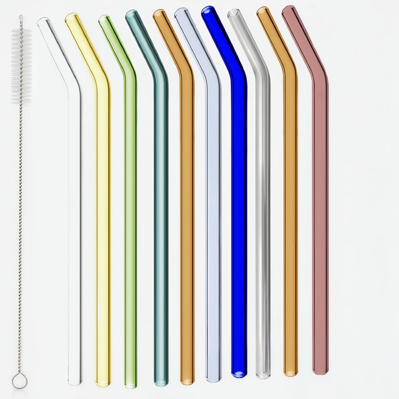 Reusable High Borosilicate Glass Straws Curved Pipe 8mm 10 Pack With Straw Brush - Image 1