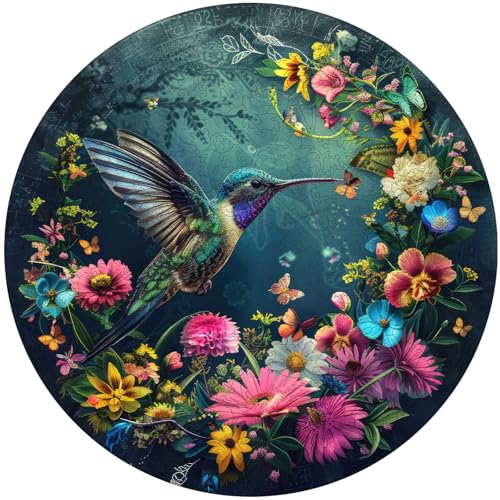Mys Aurora Wooden Puzzles for Adults Hummingbird Jigsaw Puzzles 200 Pieces Unique Shaped Round Flower Puzzles for Adults and Kids Family Game 112 x 112 Inch Medium Size - Image 1