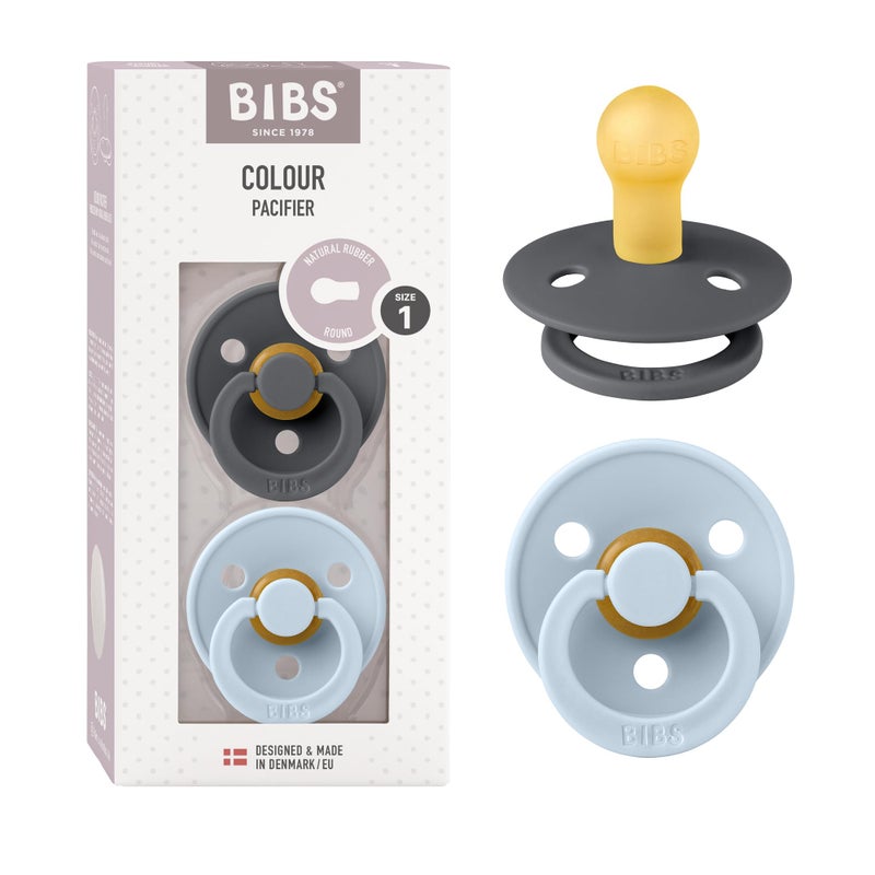 Attitude BIBS Colour Soother 2-Pack, BPA Free Dummy Pacifier, Round Nipple. Natural Rubber Latex, Size 1 (0-6 Months), Iron/Baby Blue - Image 1