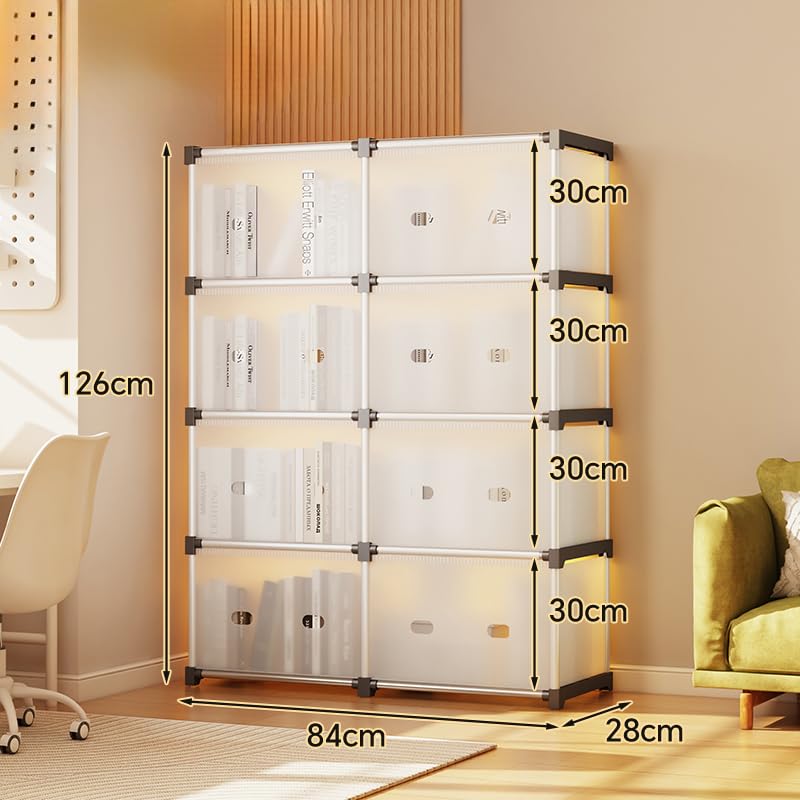 DWELLIT DWELLIT Easy Assembly Book RackDustproof SpaceSaving Storage Organizer for Home and Office Multipurpose Storage Solution White Plastic Doors and Panels with Metal Frame 4 Tier Double Section - Image 2