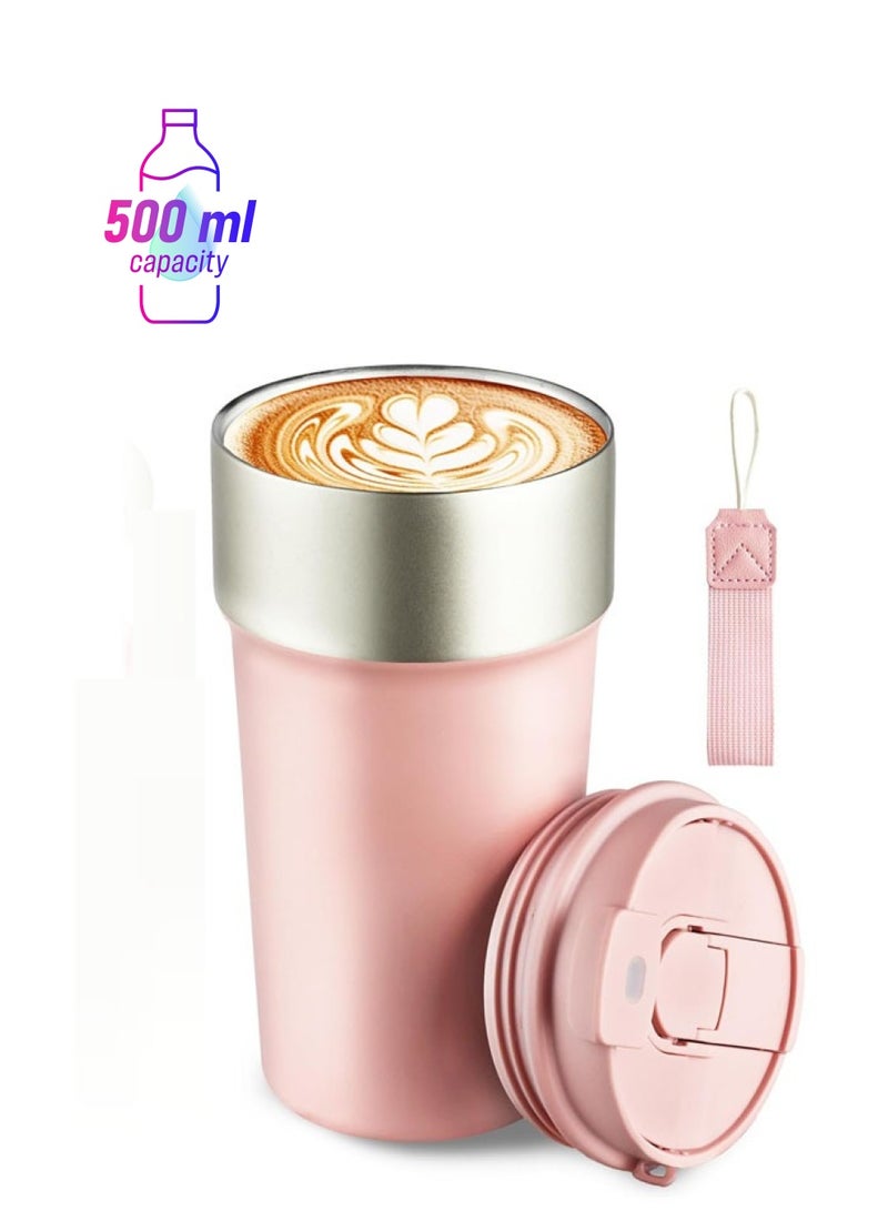 Hihonor Portable Travel Coffee Mug Tumbler with Lid and Straw, Insulated Leak Proof Thermos with Flip Lid, Stainless Steel Vacuum Cup for Hot and Cold Drinks, 500 ML, Pink - Image 1