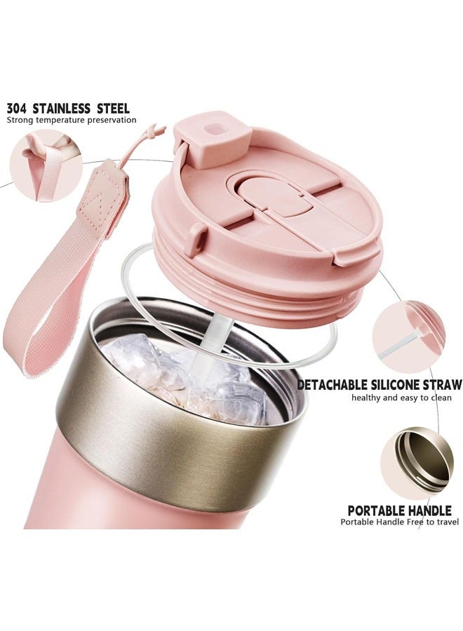 Hihonor Portable Travel Coffee Mug Tumbler with Lid and Straw, Insulated Leak Proof Thermos with Flip Lid, Stainless Steel Vacuum Cup for Hot and Cold Drinks, 500 ML, Pink - Image 3
