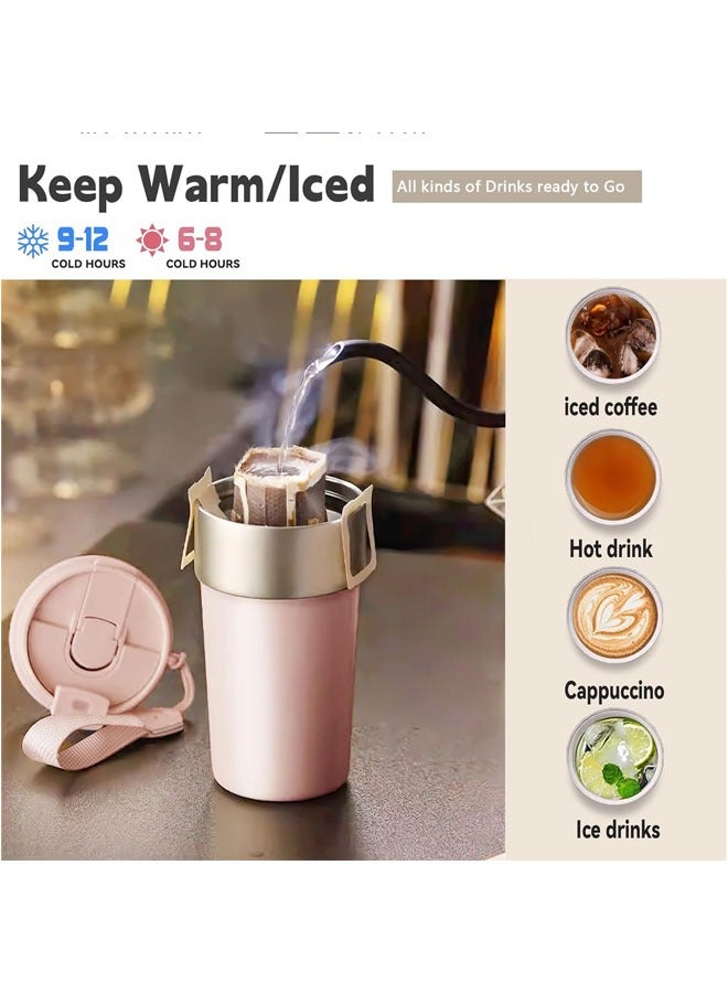 Hihonor Portable Travel Coffee Mug Tumbler with Lid and Straw, Insulated Leak Proof Thermos with Flip Lid, Stainless Steel Vacuum Cup for Hot and Cold Drinks, 500 ML, Pink - Image 5