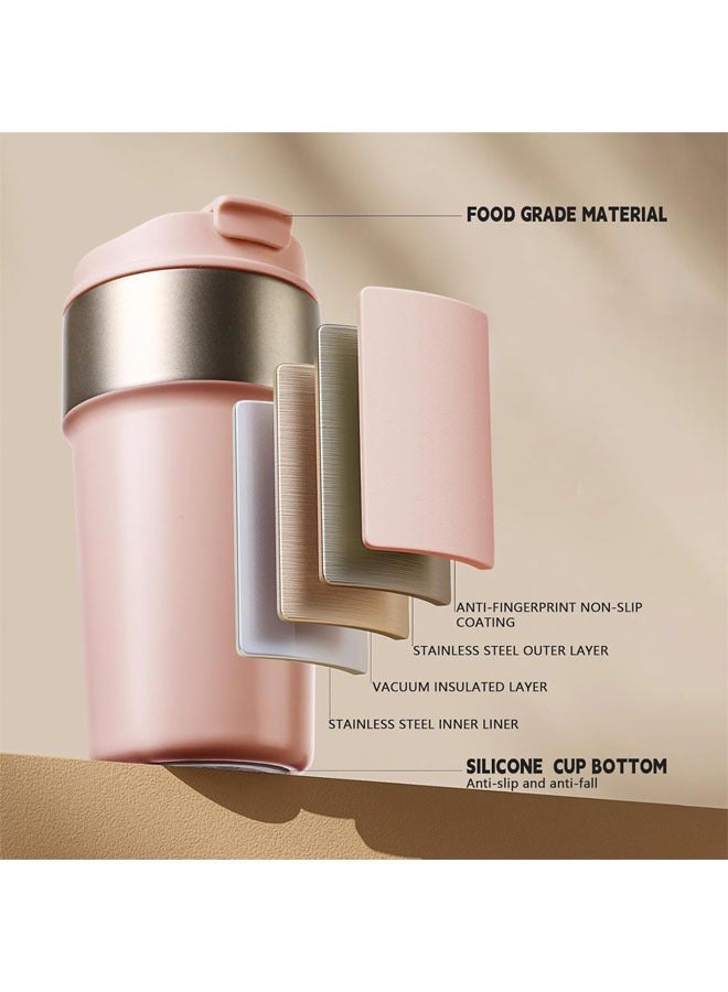 Hihonor Portable Travel Coffee Mug Tumbler with Lid and Straw, Insulated Leak Proof Thermos with Flip Lid, Stainless Steel Vacuum Cup for Hot and Cold Drinks, 500 ML, Pink - Image 4