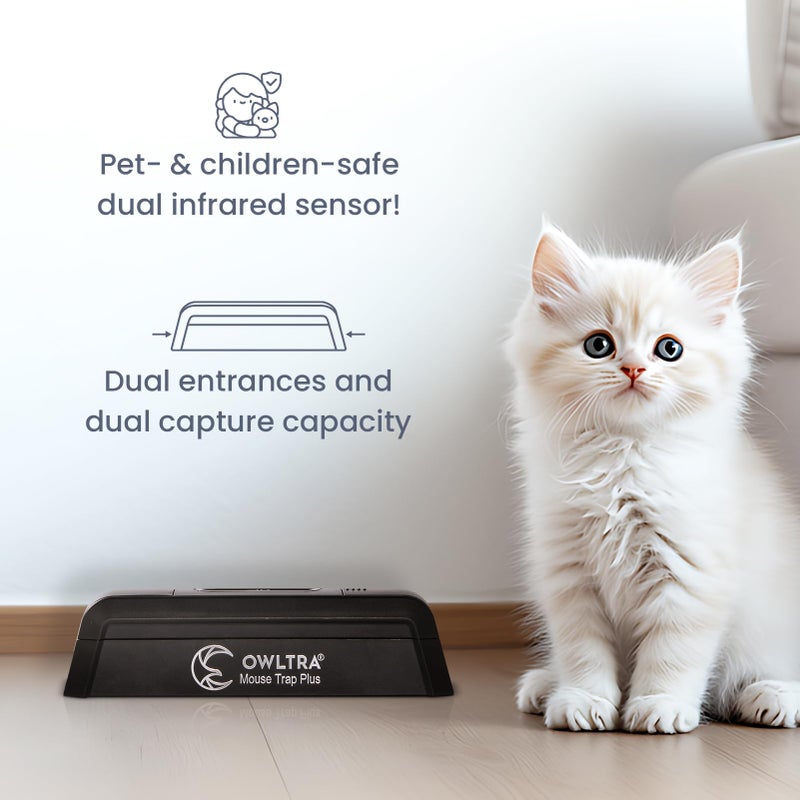 OWLTRA EMZ Plus Indoor Electric Mouse Trap, Instant Kill Rodent Zapper with Dual Entrances and Pet Safe Trigger, Black - Image 3