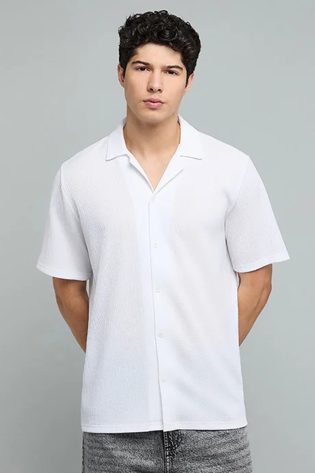 أر أند بي Textured Shirt with Revere Collar and Short Sleeves