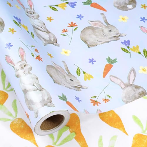RUSPEPA Reversible Easter Wrapping Paper Roll Mini Roll Cute Bunny Flowers and Watercolor Carrot Design Spring Gift Wrap Paper for Kids Easter Gifts Baby Shower Birthday 17 Inches x 164 Feet - Image 3