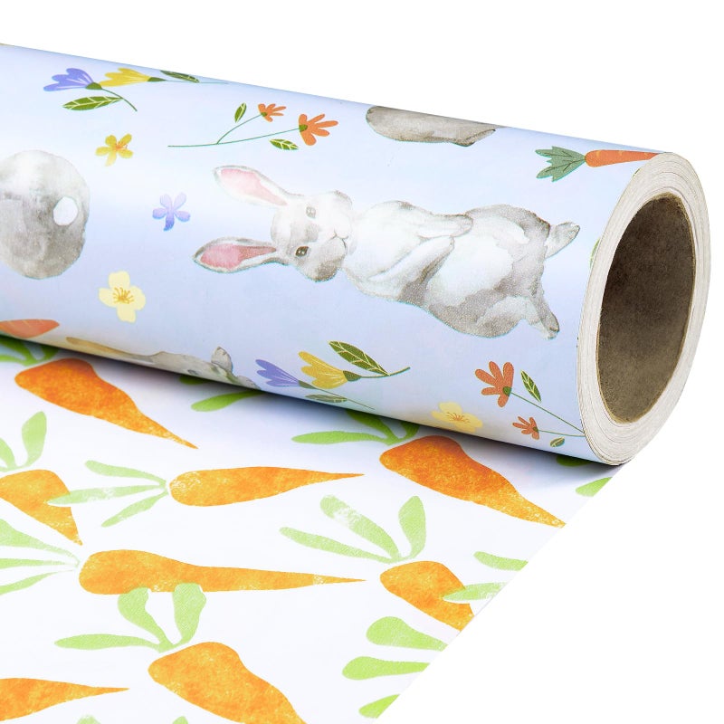 RUSPEPA Reversible Easter Wrapping Paper Roll Mini Roll Cute Bunny Flowers and Watercolor Carrot Design Spring Gift Wrap Paper for Kids Easter Gifts Baby Shower Birthday 17 Inches x 164 Feet - Image 2