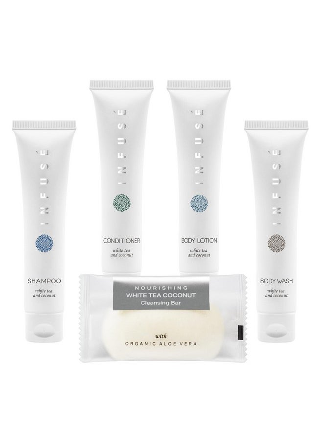 Terra Pure Infuse Pure White Tea And Coconut Hotel Soaps And Toiletries Bulk Set ; 1Shoppe Allinkit For Hotels ; 1Oz Shampoo & Conditioner Body Wash Lotion & 1.25Oz Bar Soap ; Travel Size 75 Pieces  - Image 1